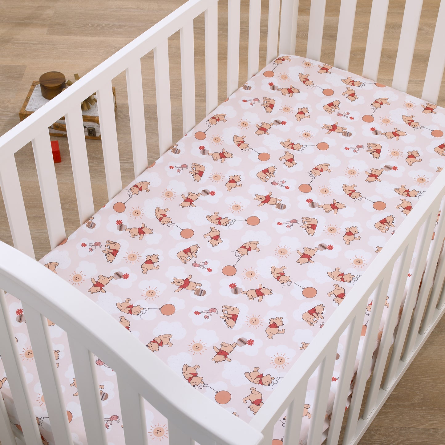 Disney Winnie the Pooh Tan, Red, and White Piglet, Balloons, and Hunny Pots Super Soft Nursery Fitted Crib Sheet
