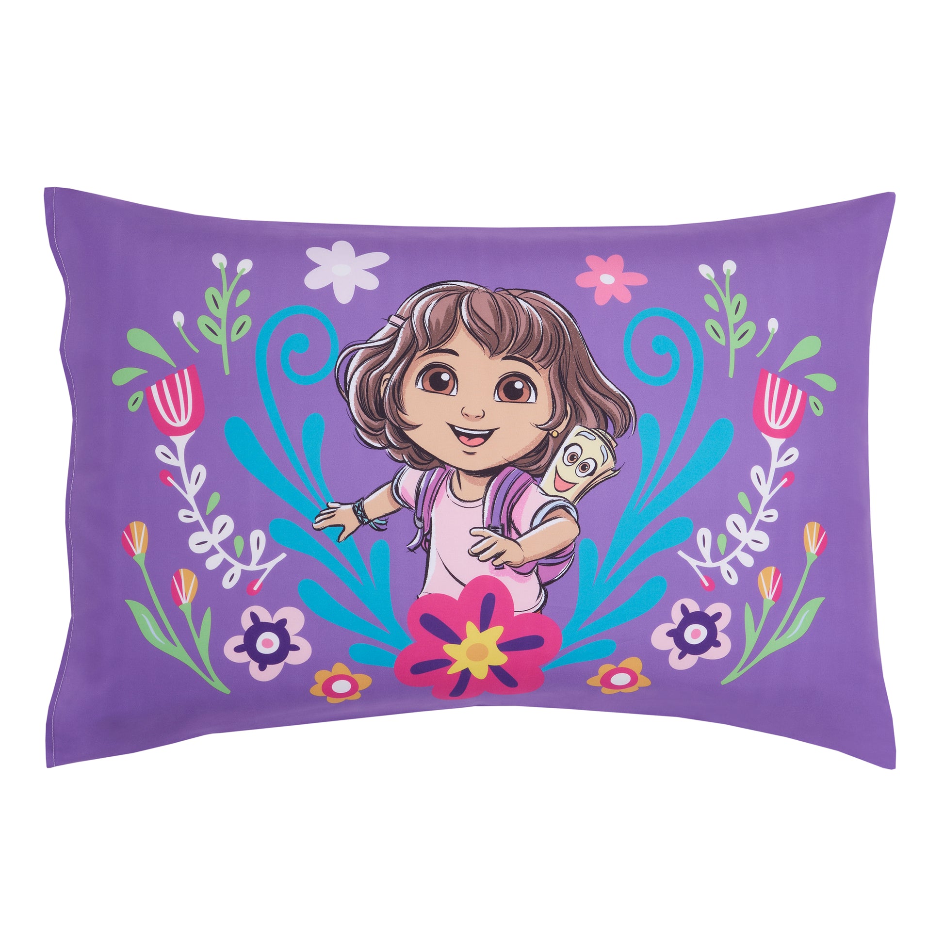 NoJo Dora Adventure Awaits 4 Piece Toddler Bed Set - Comforter, Fitted Bottom Sheet, Flat Top Sheet, Reversible Pillowcase, Lavender