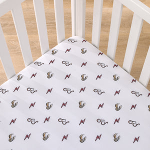 Warner Bros  Harry Potter White, Red, and Gold Lightning Bolt, Golden Snitch, and Glasses Nursery Fitted Crib Sheet