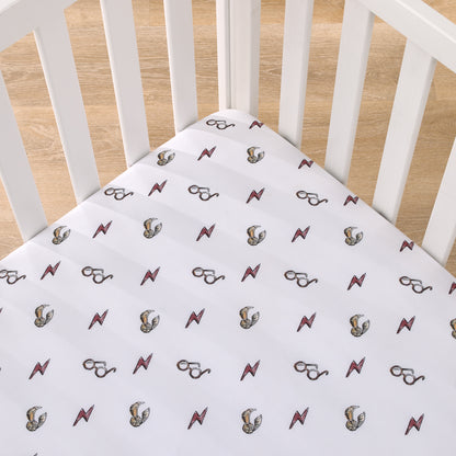 Warner Brothers Harry Potter White, Red, and Gold Lightning Bolt, Golden Snitch, and Glasses Nursery Fitted Crib Sheet