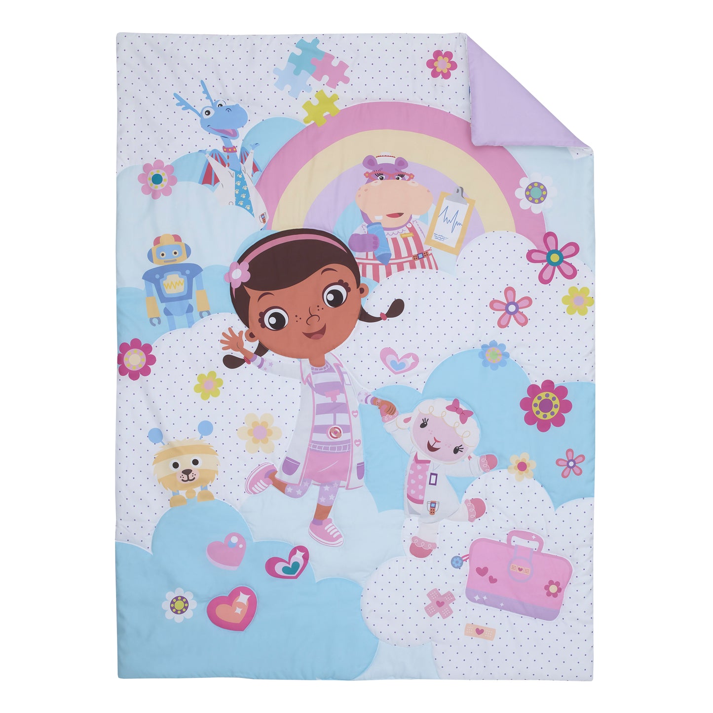 Disney Doc McStuffins - Cuddle Team Purple, White, and Blue 4 Piece Toddler Bed Set - Comforter, Fitted Bottom Sheet, Flat Top Sheet, and Reversible Pillowcase