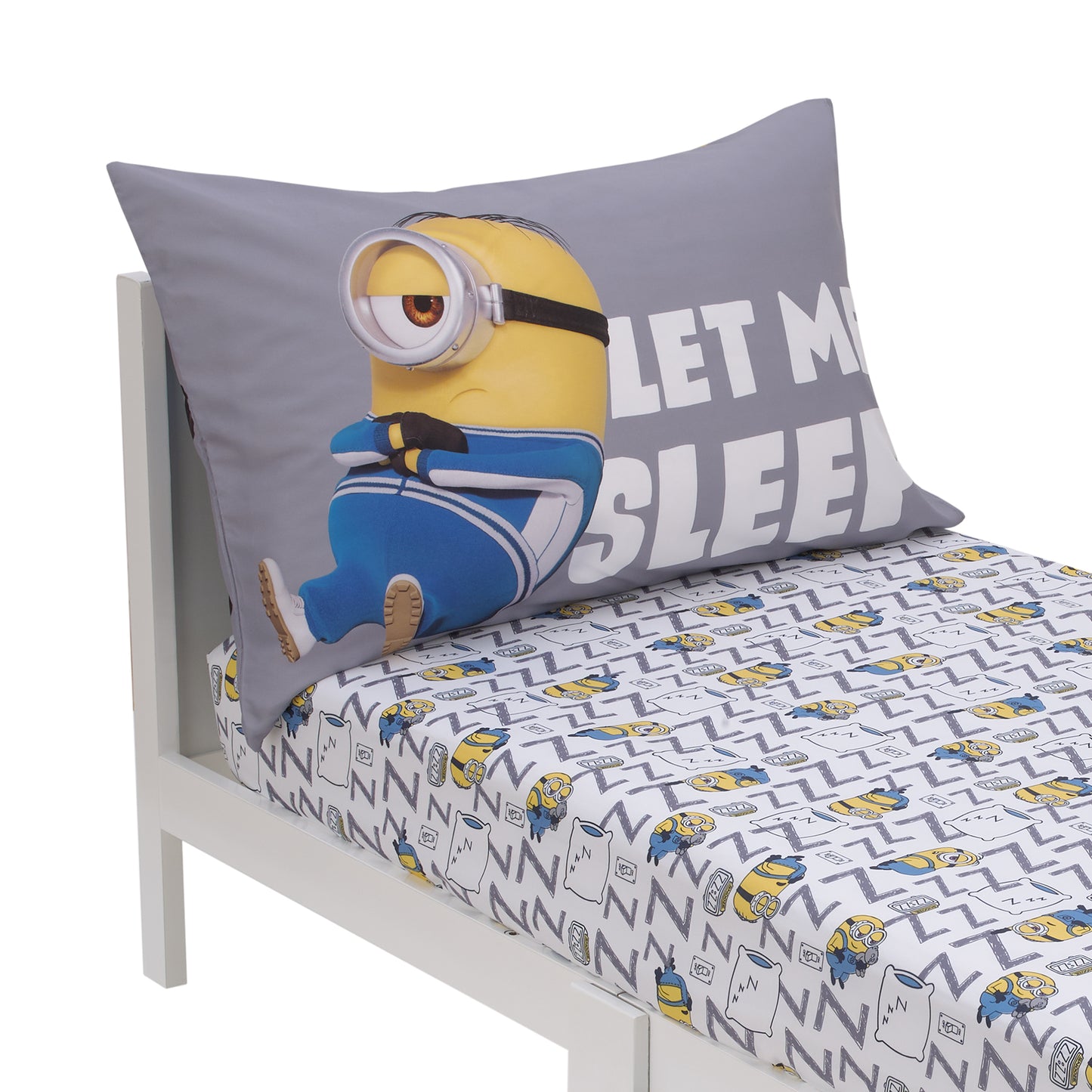 Illumination Lazy Minions Club Gray, Blue, Yellow, and White Let Me Sleep 2 Piece Toddler Sheet Set - Fitted Bottom Sheet, Reversible Pillowcase