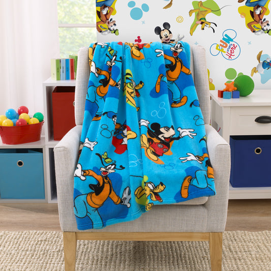 Disney Mickey Mouse Blue, Red, and Green, Donald Duck, Pluto, and Goofy Fun Starts Here Super Soft Toddler Blanket