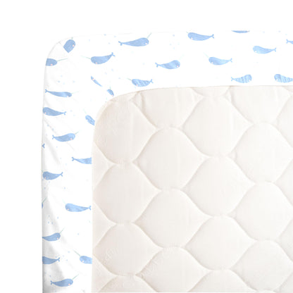NoJo Super Soft Blue and White Watercolor Narwhal Fitted Mini Crib Sheet