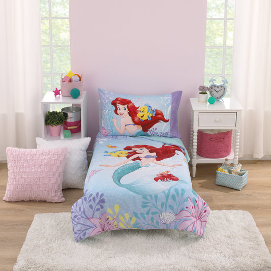 Disney The Little Mermaid Be Fearless Aqua, Lavender, and Orange Ariel 4 Piece Toddler Bed Set - Comforter, Fitted Bottom Sheet, Flat Top Sheet, and Reversible Pillowcase