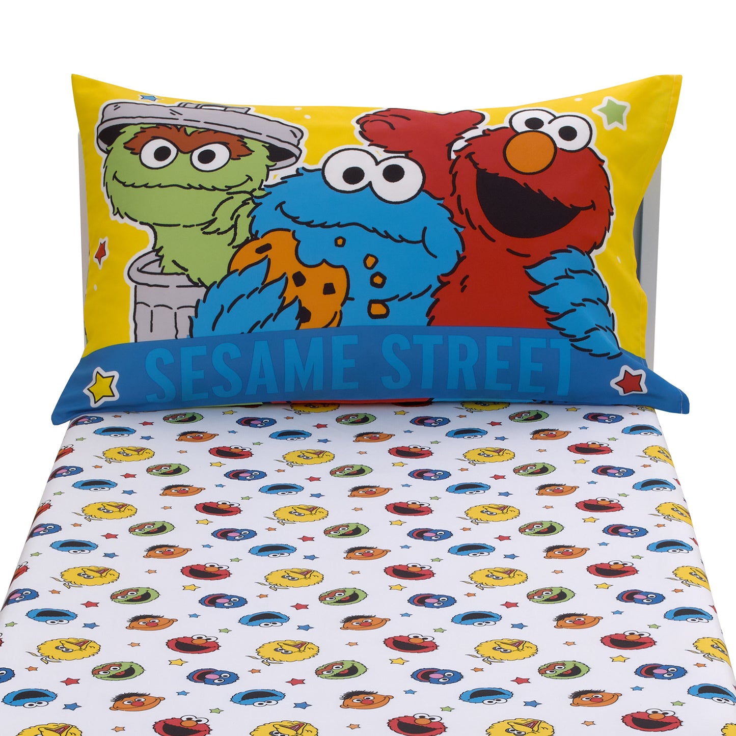 Sesame Street Come and Play Blue, Green, Red and Yellow, Elmo, Big Bird, Cookie Monster, Grover and Oscar the Grouch 2 Piece Toddler Sheet Set - Fitted Bottom Sheet and Reversible Pillowcase