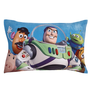 Disney Toy Story Taking Action Blue, Green and Yellow 4 Piece Toddler Bed Set - Comforter, Fitted Bottom Sheet, Flat Top Sheet, and Reversible Pillowcase