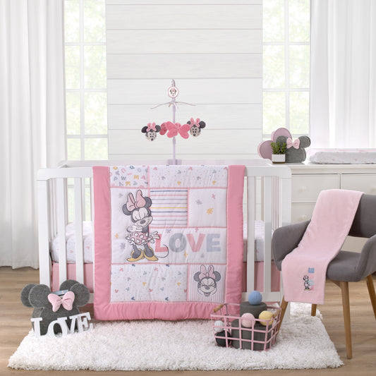 Disney Minnie Mouse Lovely Little Lady Pink and White Stripes and Dots 3 Piece Nursery Crib Bedding Set - Comforter, Fitted Crib Sheet and Crib Skirt