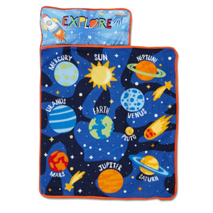 NoJo Planets Outer Space Toddler Nap Mat - Includes Attached Pillow and Fleece Blanket