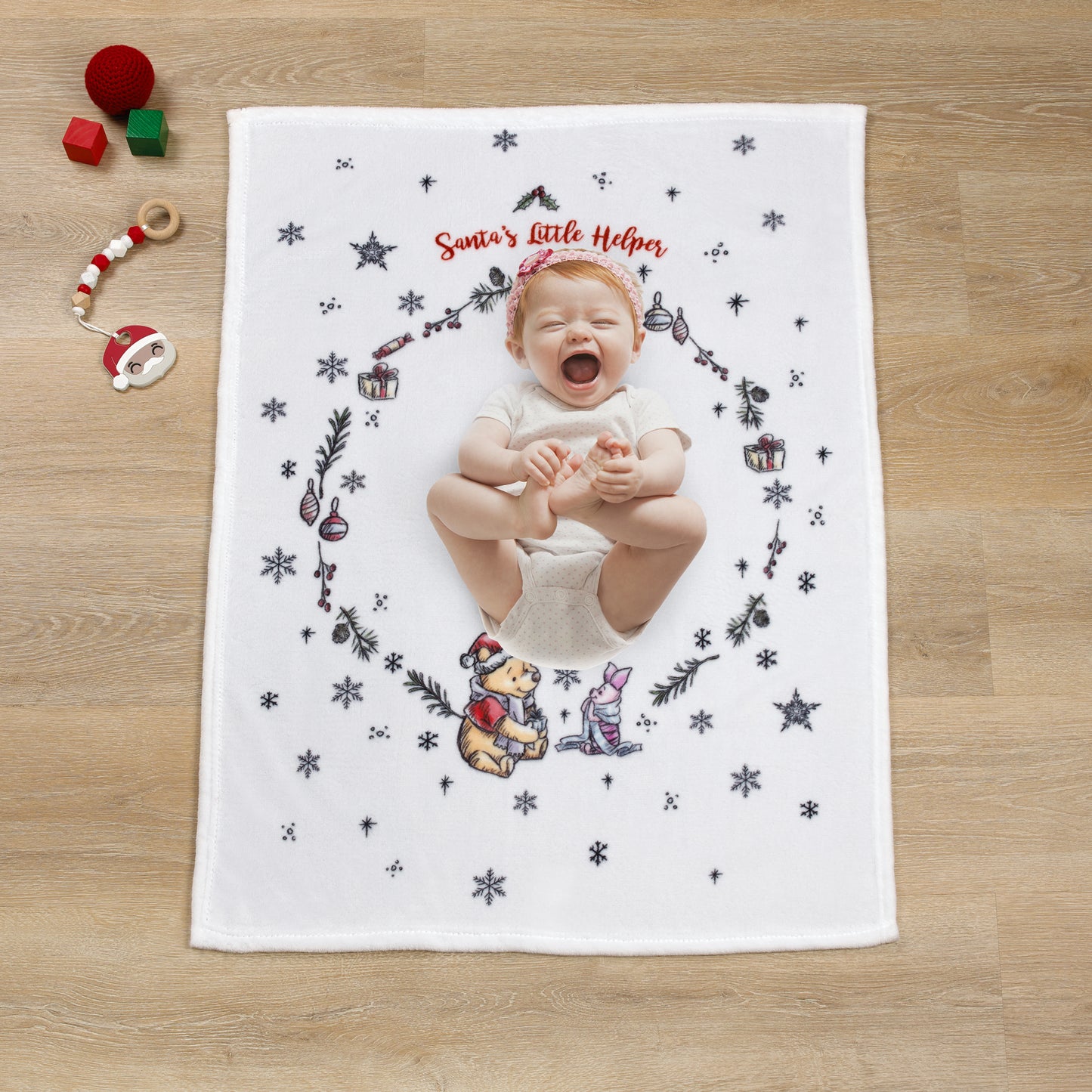 Disney Winnie the Pooh and Piglet White, Red, and Green Christmas Holiday Wreath "Santa's Little Helper" Photo Op Super Soft Baby Blanket