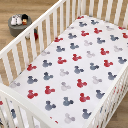 Disney Mickey Mouse - Black, White, Gray and Red Watercolor Mickey Ears Nursery Fitted Mini Crib Sheet