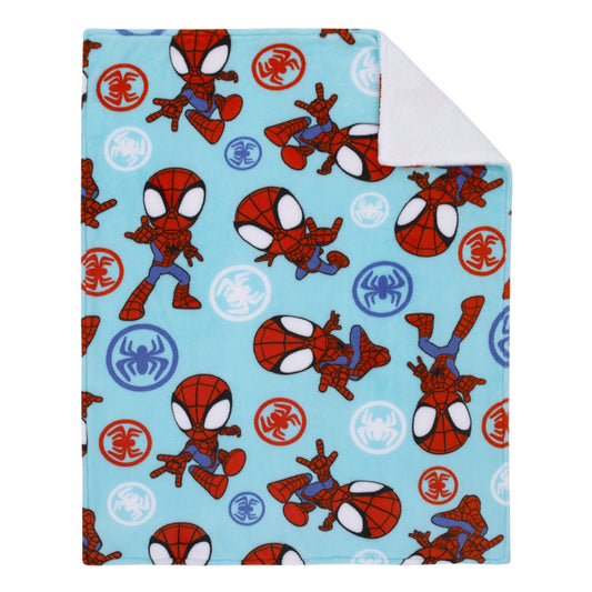 Marvel Spidey Light Blue, Red and White Super Soft Sherpa Toddler Blanket