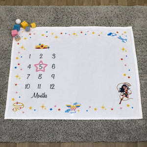 Wonder Woman White and Gold Star-Tiara, Lasso of Truth, and the Invisible Jet Milestone Baby Blanket