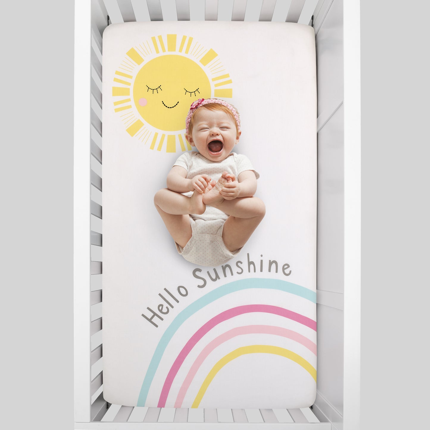 NoJo Happy Days Pink, Yellow, Blue and White, Rainbows and Hello Sunshine 100% Cotton Photo Op Nursery Fitted Crib Sheet