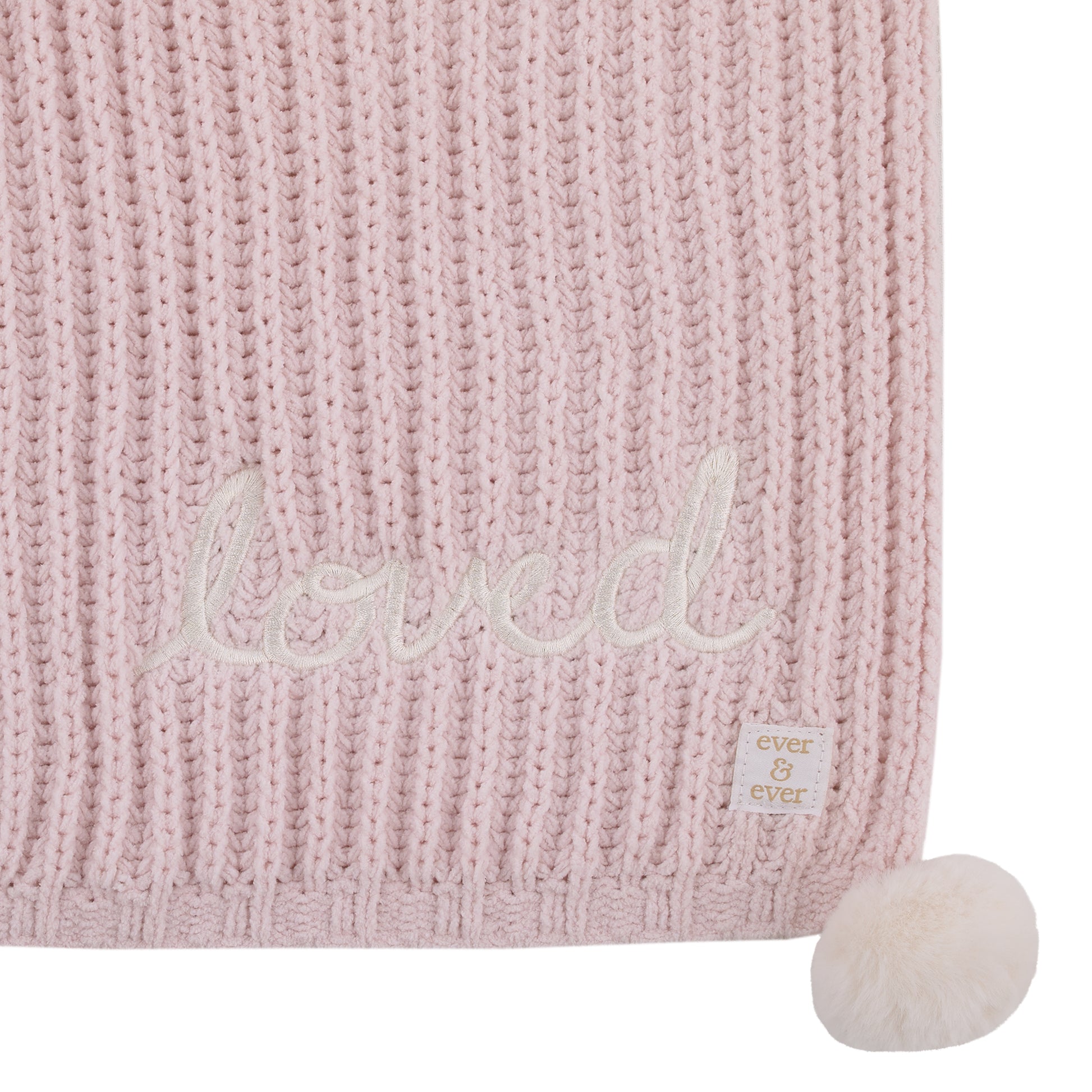 Ever & Ever Loved Pink Chenille Super Soft Pom Pom Baby Blanket with Embroidery