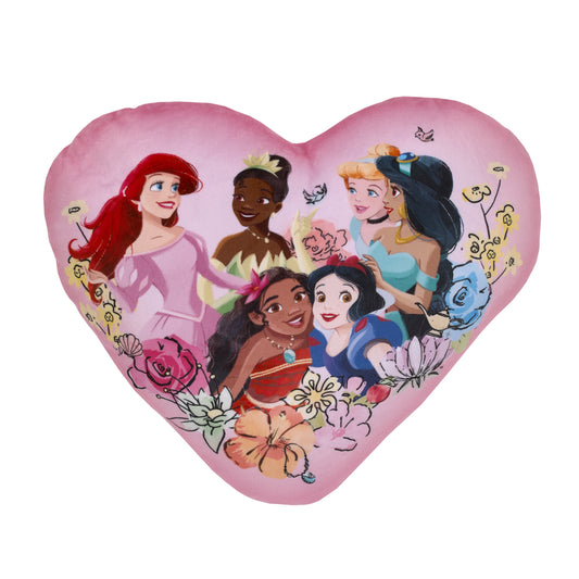 Disney Princesses Courage and Kindness Pink, Ariel and Tiana, Cinderella and Jasmine, Moana, and Snow White Heart Shaped Squishy Pillow