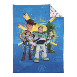Disney Toy Story 4 - Blue, Green, Yellow Toys in Action 4 Piece Toddler Bed Set - Comforter, Flat Top Sheet, Fitted Bottom Sheet, Reversible Pillowcase