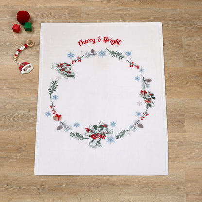 Disney Mickey and Minnie Mouse White, Red, and Green Christmas Holiday Wreath "Merry and Bright" Photo Op Super Soft Baby Blanket