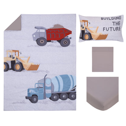 Everything Kids Trucks Gray, Red, Blue, and Yellow Building The Future 4 Piece Toddler Bed Set - Comforter, Fitted Bottom Sheet, Flat Top Sheet, and Reversible Pillowcase
