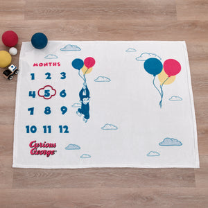 Welcome to the Universe Baby Curious George White, Blue, Red, and Yellow Balloons and Clouds Super Soft Milestone Baby Blanket