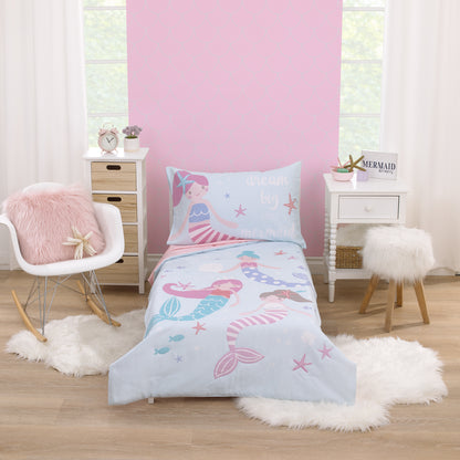 Everything Kids Mermaid Pink and Blue Dream Big Little Mermaid 4 Piece Toddler Bed Set - Comforter, Fitted Bottom Sheet, Flat Top Sheet, and Reversible Pillowcase