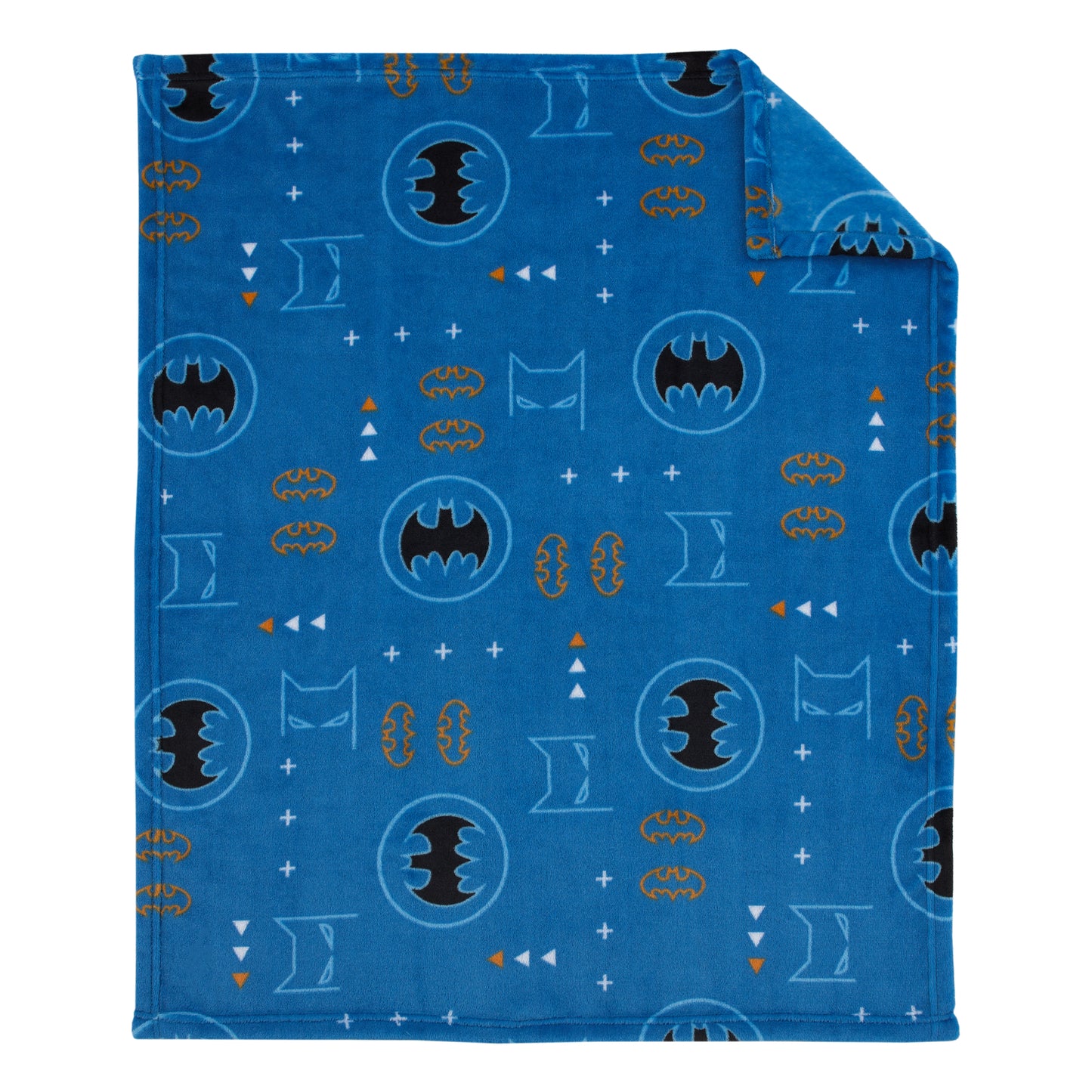 Warner Brothers Batman Blue, Orange, and White with Icons, Emblems, and Triangles Super Soft Baby Blanket