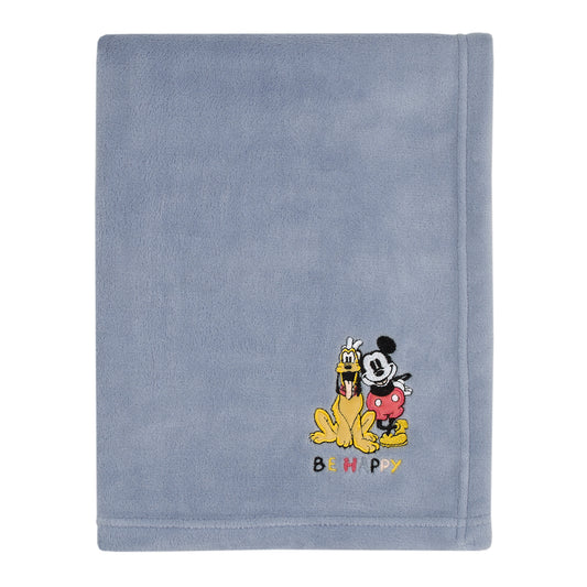 Mickey and Friends Blue, Gold and Red Pluto and Mickey Mouse Be Happy Super Soft Appliqued Baby Blanket