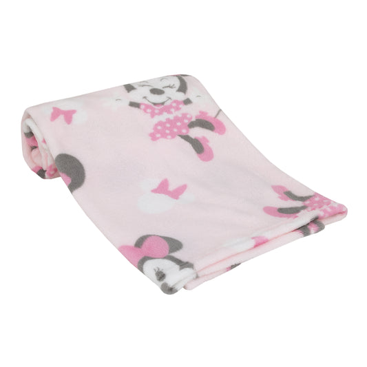 Disney Minnie Mouse Pastel Pink, White and Black Bows and Icons Super Soft Baby Blanket