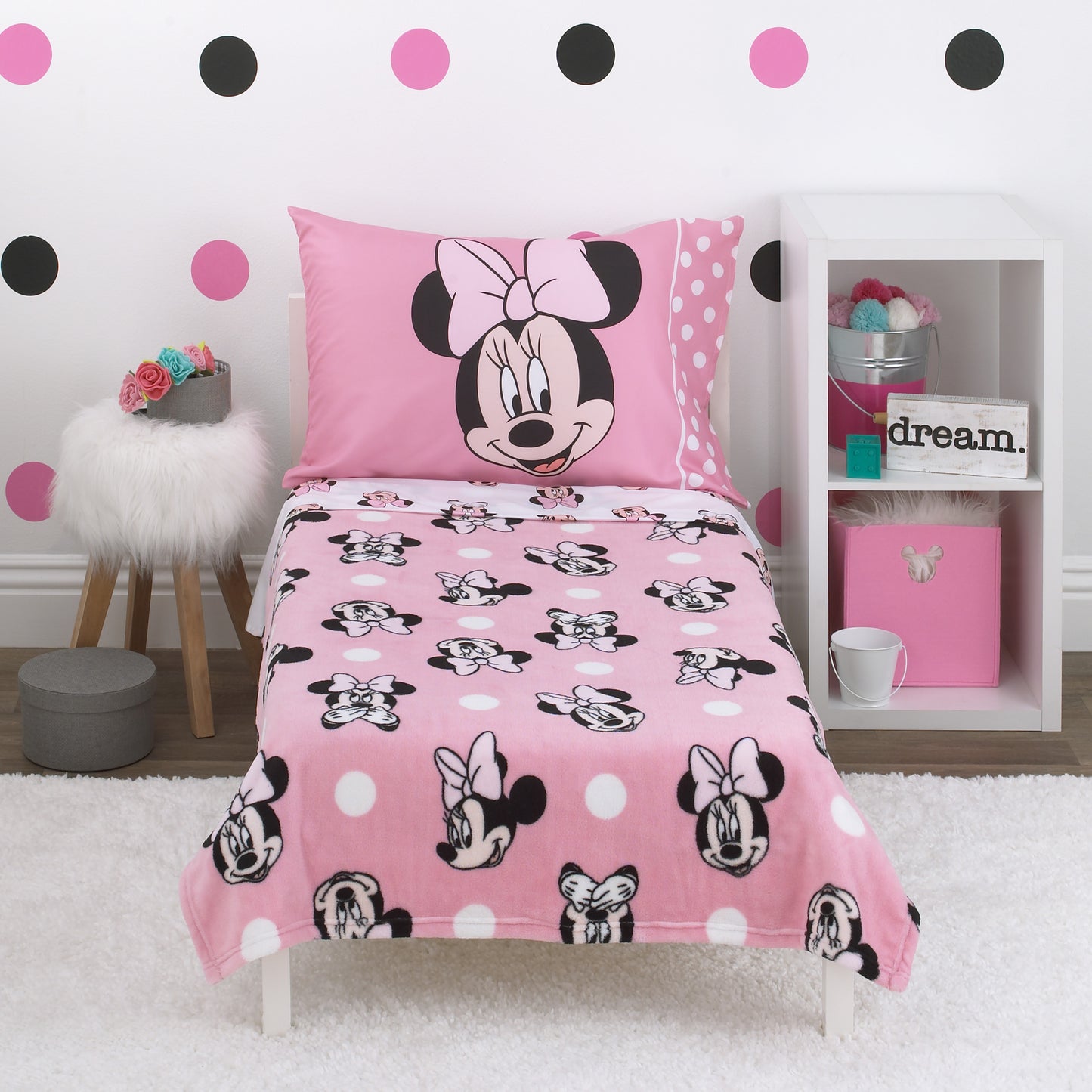 Disney Minnie Mouse - Blushing Minnie - 4 Piece Toddler Bed Set - Coral Fleece Toddler Blanket, Fitted Bottom Sheet, Flat Top Sheet, Standard Size Pillowcase