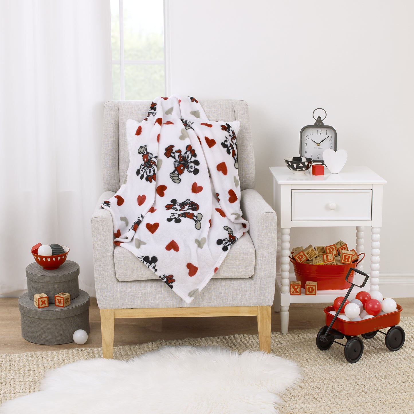 Disney Mickey Mouse & Minnie Mouse Red, Gray, and White Valentine Hearts Super Soft Plush Baby Blanket