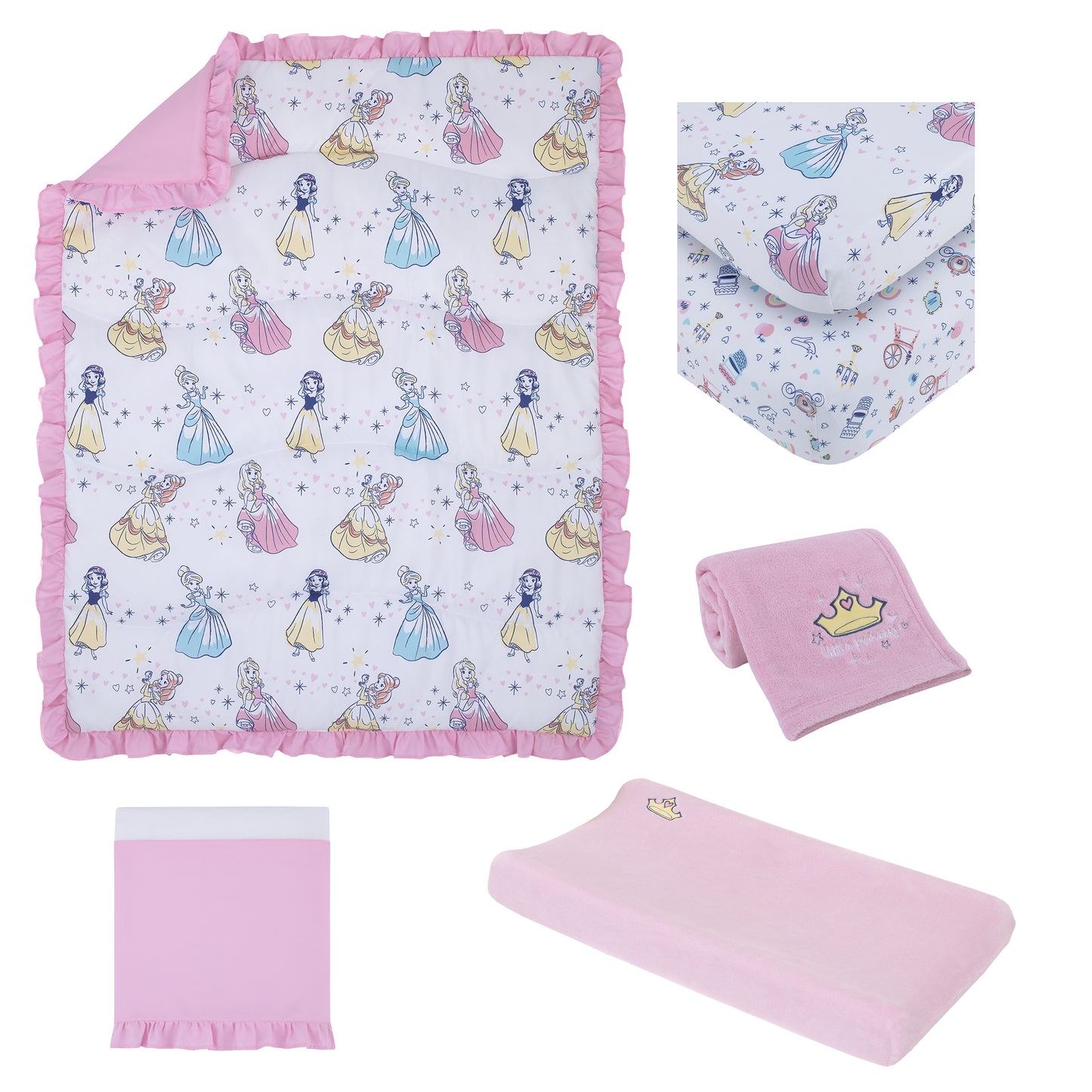 Disney Little Princess Pink, Blue, Yellow and White Stars and Hearts Cinderella, Snow White, Belle and Aurora 6 Piece Nursery Crib Bedding Set - Comforter, Two Fitted Crib Sheets, Crib Skirt, Blanket and Changing Pad Cover