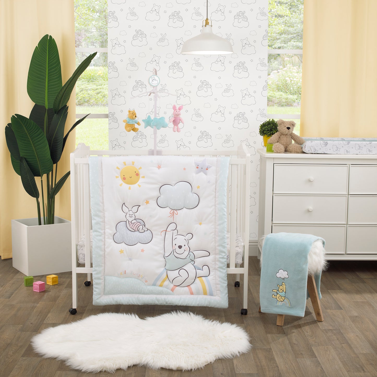 Disney Winnie the Pooh Hello Sunshine White and Aqua Piglet, Rainbow, Clouds, and Sun 3 Piece Nursery Mini Crib Bedding Set - Comforter and Two Fitted Mini Crib Sheets