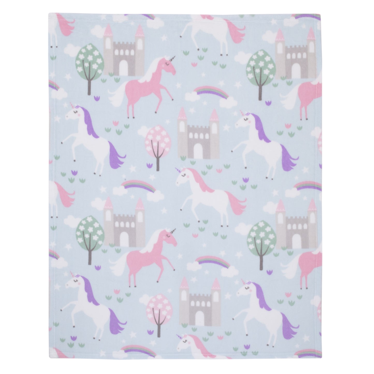 Everything Kids Unicorn Aqua, Pink and White Castles and Rainbows Super Soft Toddler Blanket