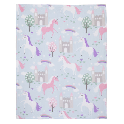 Everything Kids Unicorn Aqua, Pink and White Castles and Rainbows Super Soft Toddler Blanket