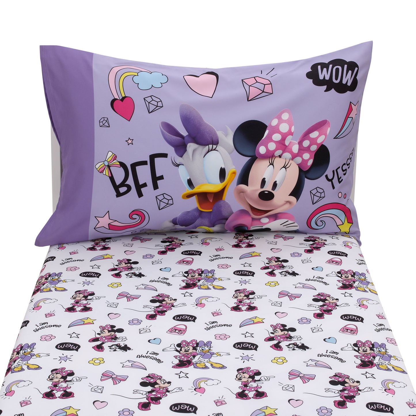 Disney Minnie Mouse I am Awesome Lavender, Pink, and White with BFF Daisy Duck, Rainbow Hearts and Stars 2 Piece Toddler Sheet Set - Fitted Bottom Sheet and Reversible Pillowcase