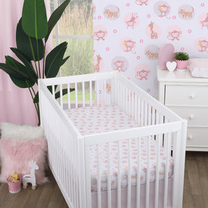 Little Love by NoJo Sweet Jungle Friends Pink, White and Tan, Monkey, Cheetah and Giraffe Super Soft Fitted Crib Sheet