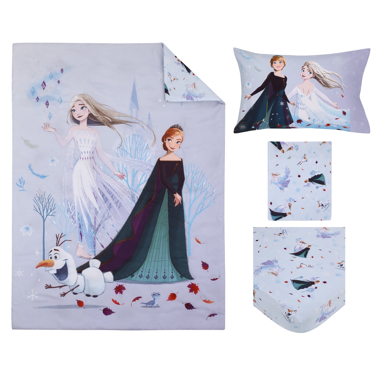 Disney Frozen Winter Cheer Lavender, Aqua, Green and White, Anna, Elsa, and Olaf 4 Piece Toddler Bed Set - Comforter, Fitted Bottom Sheet, Flat Top Sheet, and Reversible Pillowcase