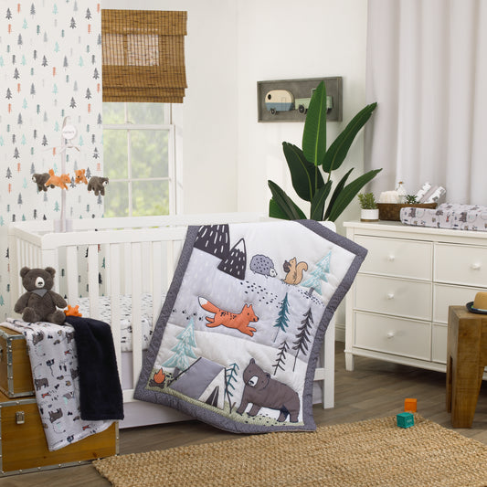 Woodland Friends Gray Multi Colored Bear and Fox, Squirrel, Tree, Tent, and Campfire 3 Piece Nursery Crib Bedding Set - Comforter, Fitted Crib Sheet, and Crib Skirt