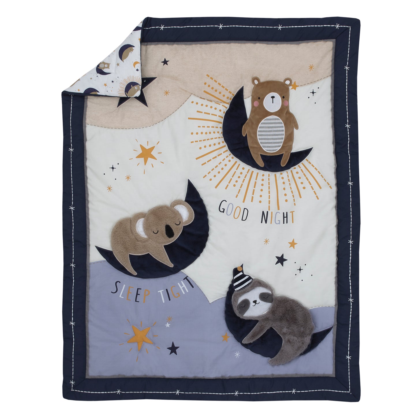 NoJo Goodnight Sleep Tight White and Blue Koala, Sloth, Bear, Star, and Moon 4 Piece Nursery Crib Bedding Set - Comforter, 100% Cotton Fitted Crib Sheet, Crib Skirt, and Storage