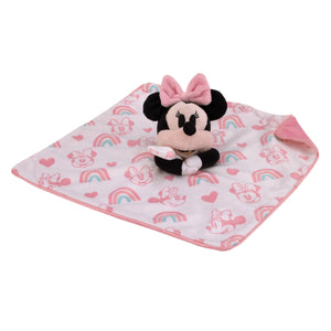 Disney Minnie Mouse White, Pink, and Aqua Rainbows and Hearts Super Soft Sherpa Baby Blanket and Security Blanket 2-Piece Gift Set