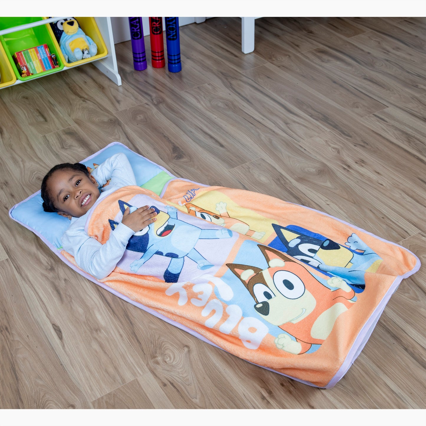 NoJo Bluey "For Real Life" Toddler Nap Mat - Includes Attached Pillow and Fleece Blanket, Orange, and Blue