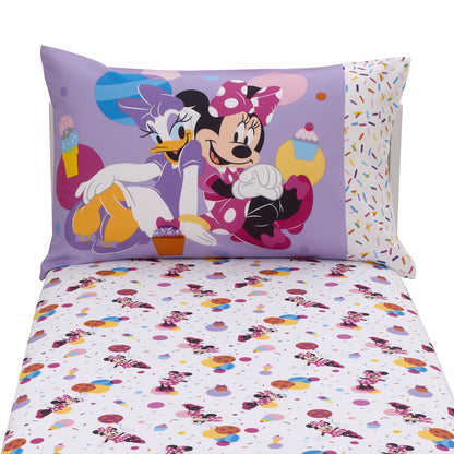 Disney Minnie Mouse Let's Party Pink, Lavender, and White Balloons, Cupcakes, and Confetti 2 Piece Toddler Sheet Set - Fitted Bottom Sheet and Reversible Pillowcase