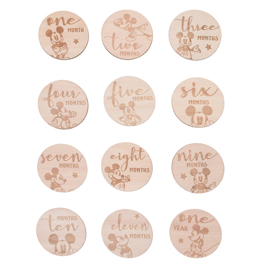 Disney Mickey Mouse Natural Wood Tone, 12 Piece Wooden Engraved Milestone Cards