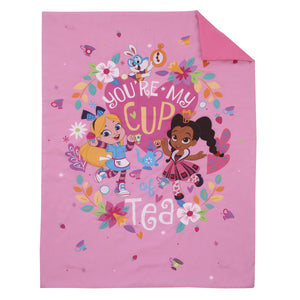 Disney Alice's Wonderland Bakery Tea Party Pink and Purple 4 Piece Toddler Bed Set - Comforter, Fitted Bottom Sheet, Flat Top Sheet, and Reversible Pillowcase