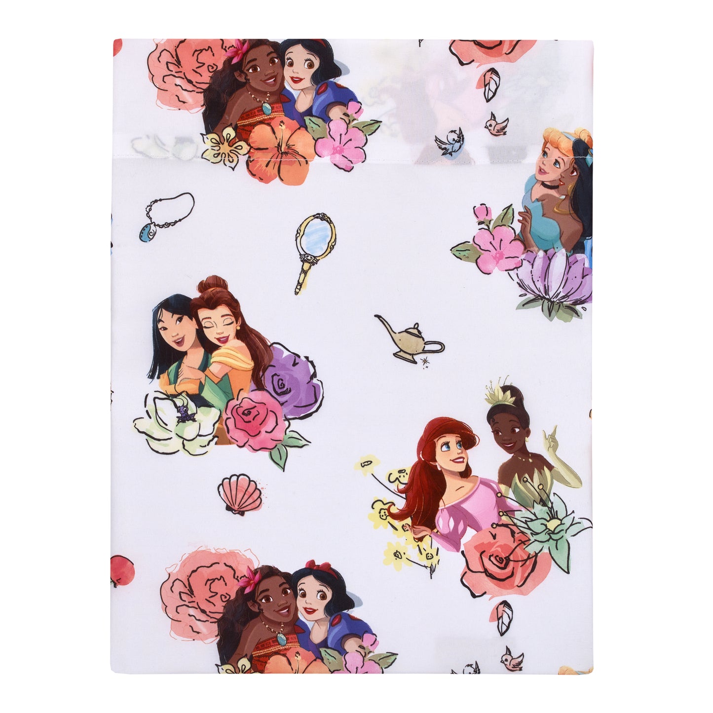 Disney Princesses Courage and Kindness Pink, Blue, and White, Rapunzel, Ariel, Tiana, Moana, Jasmine, Cinderella, Mulan, Belle, and Snow White 4 Piece Toddler Bed Set - Comforter, Fitted Bottom Sheet, Flat Top Sheet, and Reversible Pillowcase