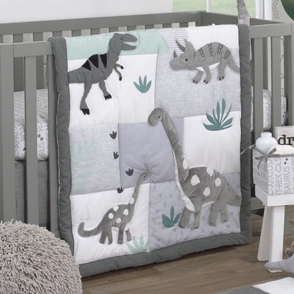 NoJo Baby-Saurus Gray, White, and Green Triceratops,  Brontosaurus, and Tyrannosaurus Dinosaurs with Mountains and Leaves 4 Piece Nursery Crib Bedding Set - Comforter, 100% Cotton Fitted Crib Sheet, Crib Skirt, and Storage