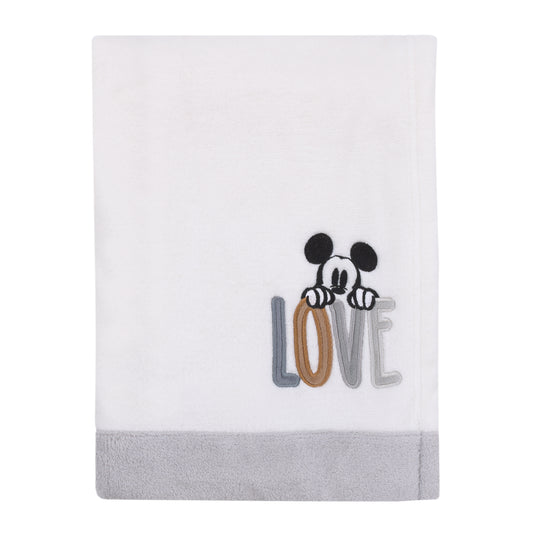 Mickey Mouse Love Mickey White, Gray, and Tan Love Applique Super Soft Baby Blanket