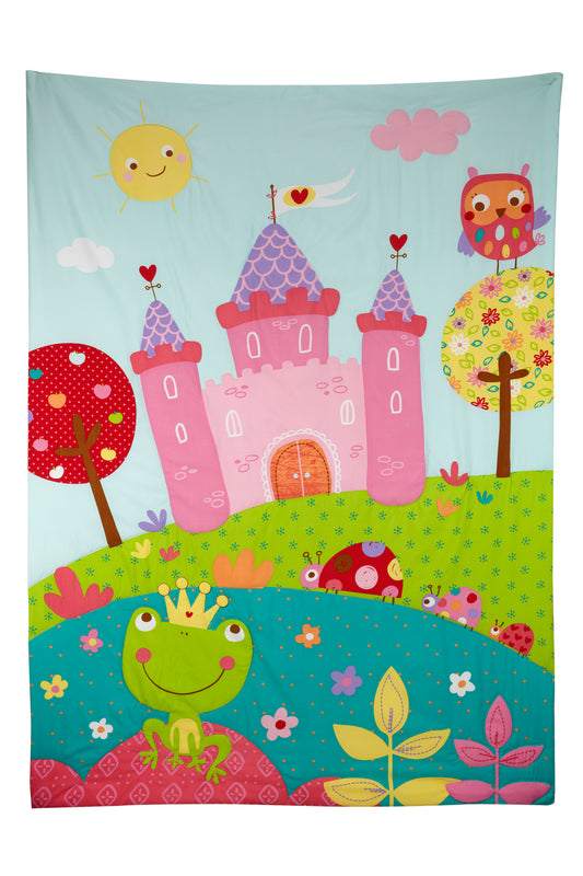 Everything Kids Fairytale Pink, Green and Teal, Castle, Frog, Flowers 4 Piece Toddler Bed Set - Comforter, Fitted Bottom Sheet, Flat Top Sheet, Reversible Pillowcase
