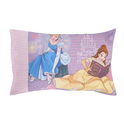 Disney Princess Always Be Bold Pink, Aqua, Blue, Lavender, and Yellow 4-Piece Belle, Ariel and Cinderella Toddler Bed Set - Comforter, Fitted Bottom Sheet, Flat Top Sheet, Reversible Pillowcase
