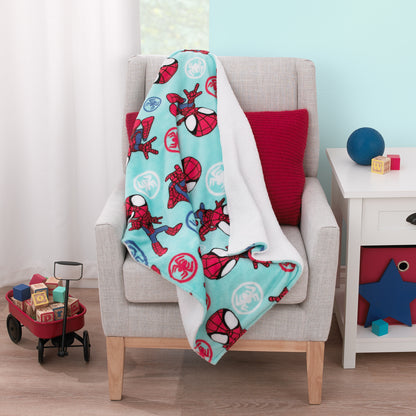 Marvel Spidey Light Blue, Red and White Super Soft Sherpa Toddler Blanket